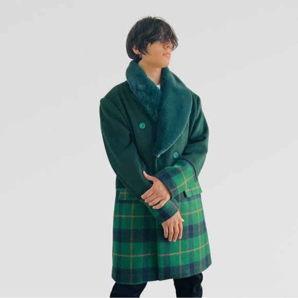 Men's Manzini Solid Green | Plaid Faux Fur Casual Overcoat NWT - Picture 2 of 9